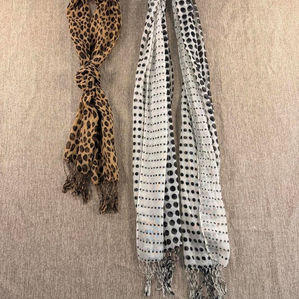 Leopard Print & Polka Dot Lightweight Fringe Scarf Lot of 2 Tan Black White